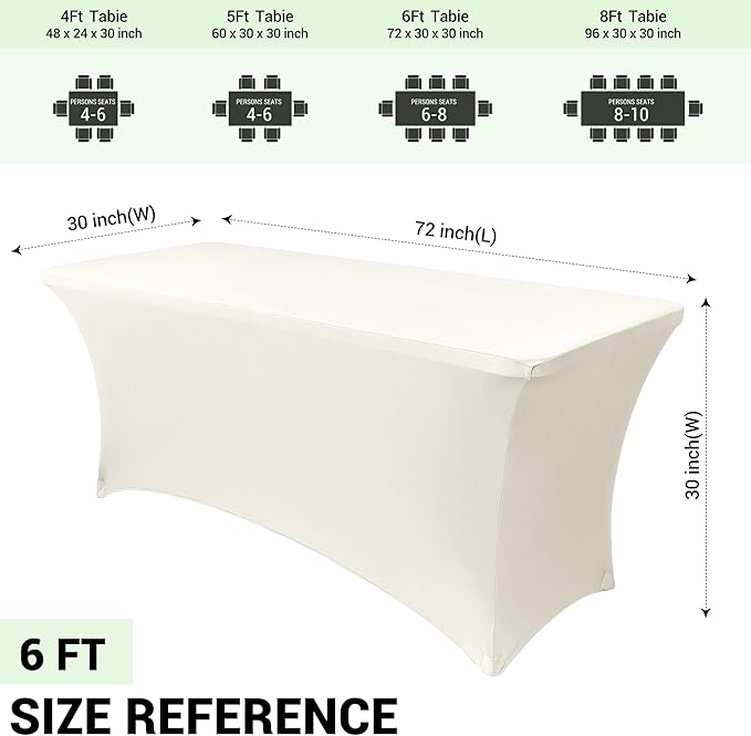 Obstal 6ft Stretch Spandex Table Cover for Standard Folding Tables - 2 Pack Universal Rectangular Fitted Tablecloth Protector for Wedding, Banquet and Party, 72L x 30W x 30H Inches, Cream, 2pc