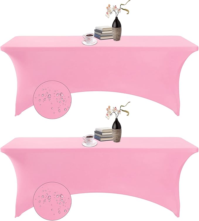 2Pack Spandex Waterproof Table Covers 8ft,Spandex 8ft Waterproof Table Cover for Party,Wedding, Banquet, and Events(Pink)