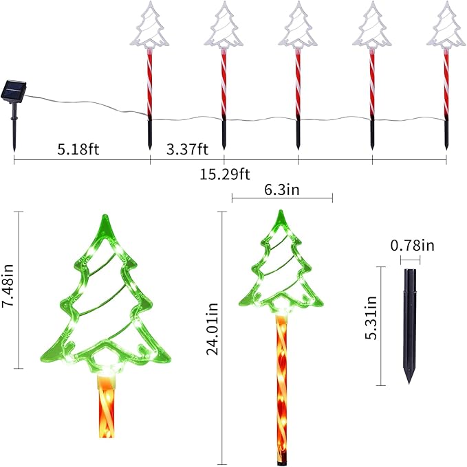 Christmas Solar Pathway Lights Outdoor Decorations, 8 Modes Xmas Tree Candy Lights Waterproof Led Garden Stake Light for Walkway Yard Lawn Porch Holiday Decor 10-Pack (Red Tube Tree, 10 Pack)