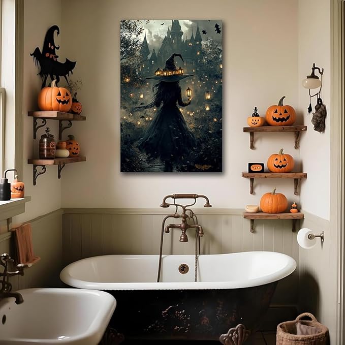 Halloween Witch and Haunted House Canvas Wall Art,Dark Academia Scary Witch Castle Posters Prints,Thriller Horror Gothic Wall Decor Pictures for Halloween Party House Decoration,8"x12" Framed