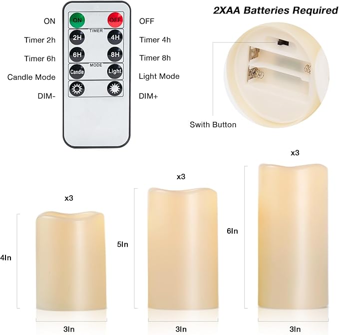 Amagic Waterproof Outdoor Flameless Candles with Timer, Battery Operated Candles with Remote Control, Electric LED Pillar Candle for Outside Patio, Garden, Wedding Decor, D3 x H4 5" 6", Set of 9