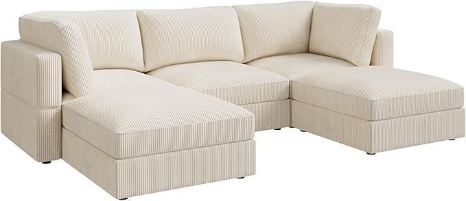 HONBAY Modular Sectional Sofa with Storage Corduroy U Shaped Sofa Modular Sectional Couches for Living Room,Beige