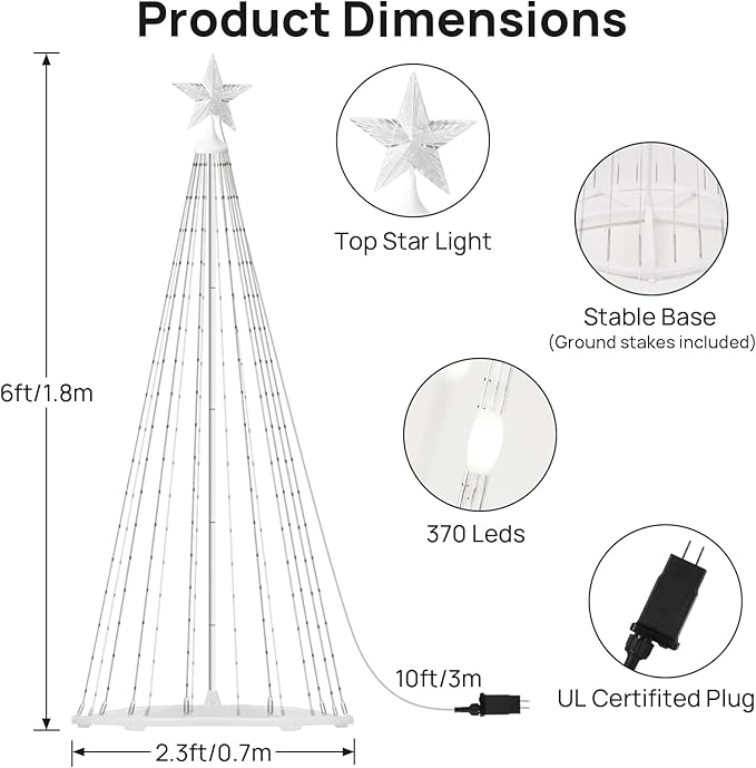 6ft Outdoor Christmas Cone Tree Lights with 370 Smart LED Lights & Star Topper Remote & APP Control Color Changing Timer & Music Sync Weatherproof Artificial Xmas Decoration for Yard, Garden, Patio