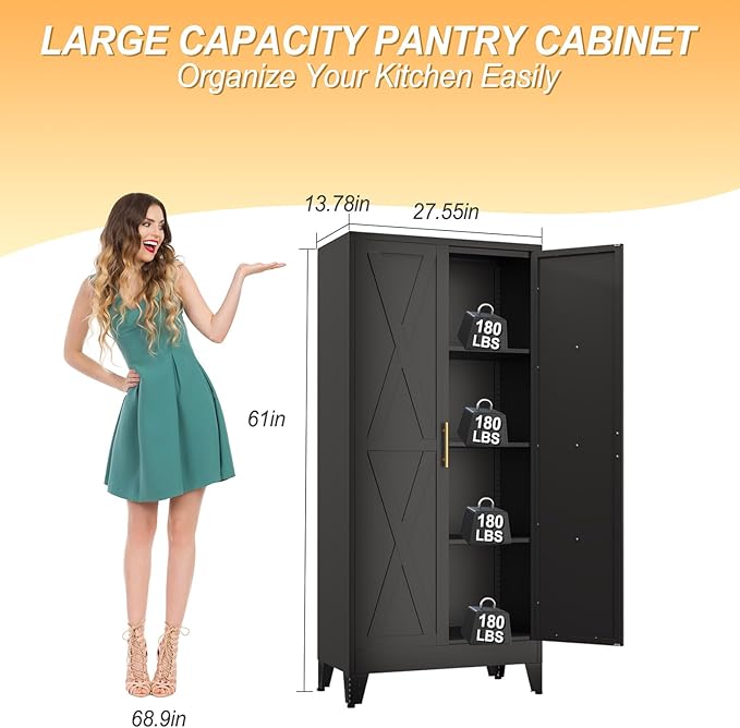 61" H Metal Kitchen Pantry Storage Cabinet, Freestanding Cupboard with 2 Doors and 3 Adjustable Shelves, Standing Storage for Kitchen, Bathroom, Garage, Dinning Room or Utility Room(Black)