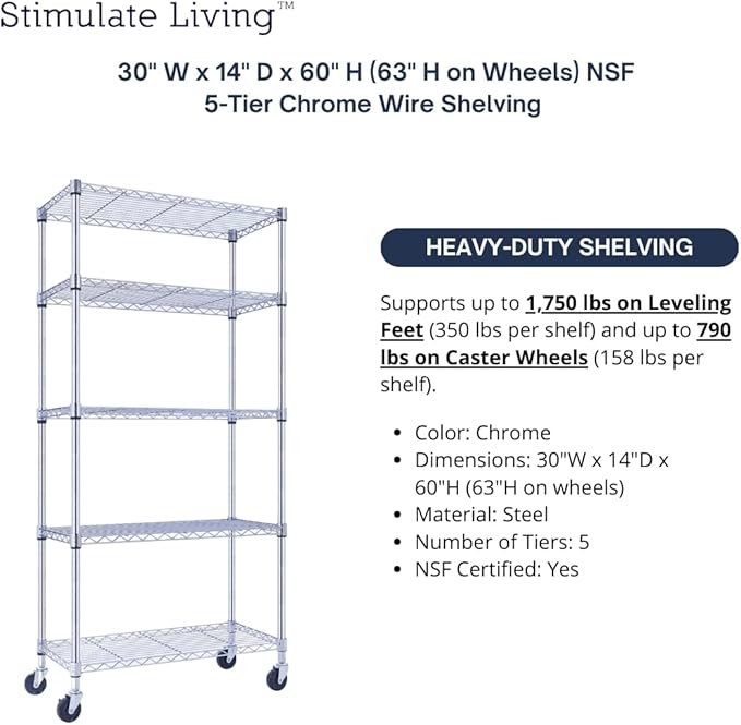 30"x14"x60" PRIME HEAVY DUTY Chrome 5-Tier Wire Shelving 1,750 LBS MAX Capacity Storage Rack for Commercial, School, Home, Garage, Warehouse, Industrial, and Hospital Uses (with Wheels)