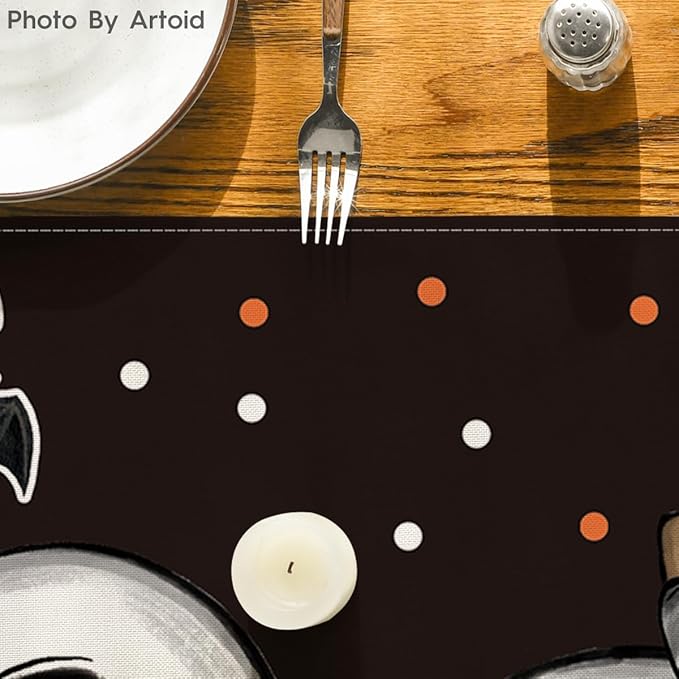 Artoid Mode Polka Dot Ghost Pumpkin Cat Boo Halloween Table Runner, Bat Seasonal Fall Kitchen Dining Table Decoration for Home Party Decor 13x36 Inch