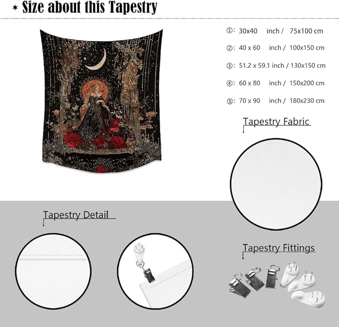 Dark Academia Moon Goddess Tapestry Gothic Fantasy Rose Wall Art Mystical Witchy Woman Print Victorian Artwork Aesthetic Tapestries Wall Hanging for Girls Room Bedroom Decor 30x40inch