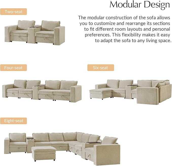 HULALA HOME Modular Sectional Sofa with USB Port and Console, 6 Seater Sofa with Storage Ottoman, Oversized U Shaped Couches for Living Room, FSC Certified, Beige