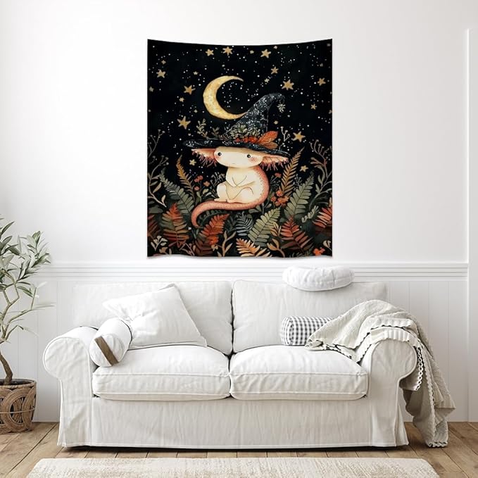 Whimsical Witch Tapestry Wall Hanging Decor Cute Axolotl Tapestry Magical Moon Animal Nursery Decoration Halloween Tapestries wall art for Home Kids Bedroom Living Room 40x60inch