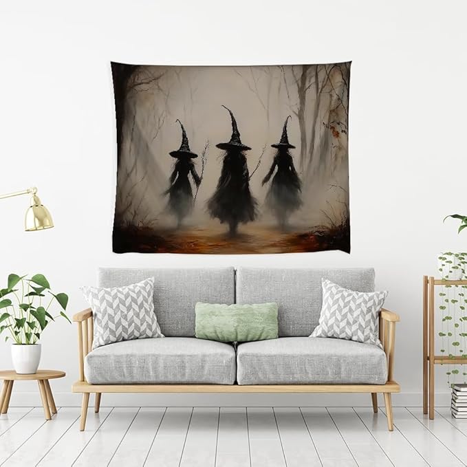 Witchy Halloween Tapestry Wall Hanging Vintage Spooky Witch Room Print Dark Academia Autumn Forest Three Witches Tapestries Decor for Halloween Living Room Bedroom Decoration 60x80inch