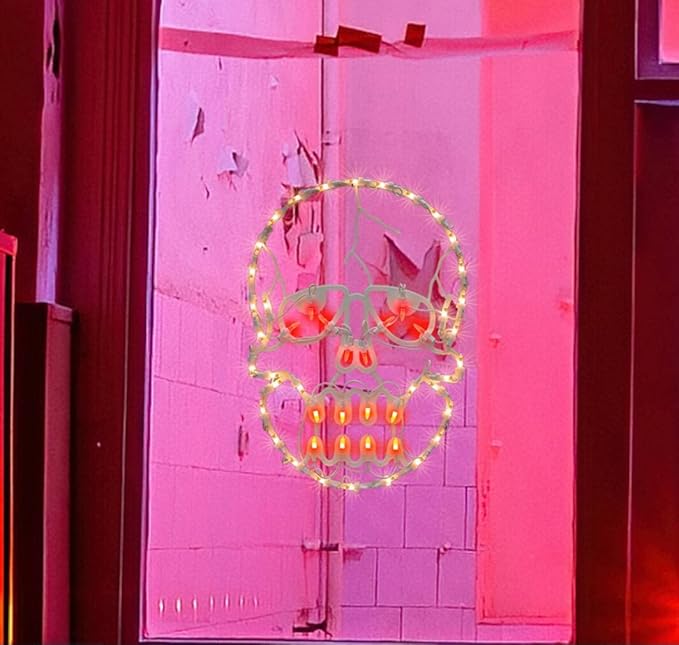 13.3" Lighted Skull Halloween Window Silhouette Decoration,Halloween Lighted Window Decoration,Hanging Light Up Holiday Ornament (Skull Light)