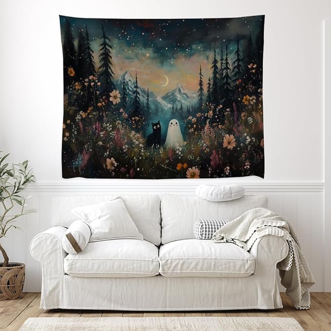 Whimsical Halloween Tapestry Wall Hanging Ghost and Black Cat in Magical Forest Wildflowers Meadow Tapestry Art Print Charming Spooky Fall Season Tapestries for Living Room Bedroom Decor 60x80inch