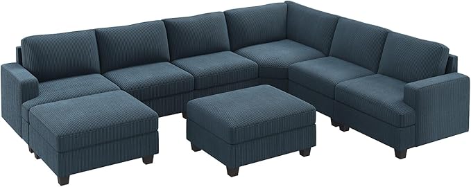Nolany Sectional Sofa with Storage Ottoman, Corduroy Modular Sectional Couch, U Shape Sectional Couches for Living Room, Blue