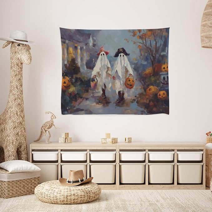 Funny Halloween Ghost Tapestry Wall Hanging Cute Kids Nursery Room Decor Trick or Treat Art Print Goth Fall Pumpkin Ghost Tapestries for Living Room Bedroom wall Decor 50x60inch