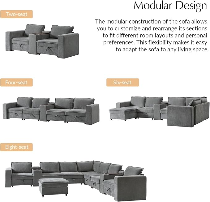 HULALA HOME Modular Sectional Sofa with USB Port and Console, 6 Seater Sofa with Storage Ottoman, Oversized U Shaped Couches for Living Room, FSC Certified, Grey