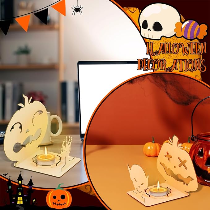 10 Pcs Halloween Wooden Candle Holders Tealight Candle Holder Props Pumpkin Shaped Wooden Holder for Halloween Party Decorative Items