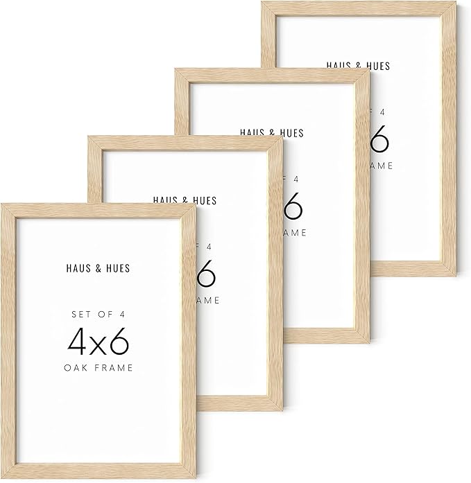 HAUS AND HUES Solid Oak 4x6 Picture Frame Set of 4 - Bulk Frames for Wall or Tabletop, Multiple Photos, Wooden Frames