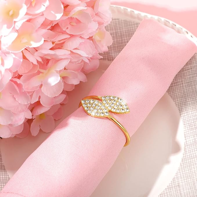 Hotop 100 Pcs Napkin Rings Gold Table Decorations, Elegant Bling Leaves Napkin Rings, Rhinestone Guest Towels Buckle for Wedding Gold Party, Dinner Banquet Table Decoration