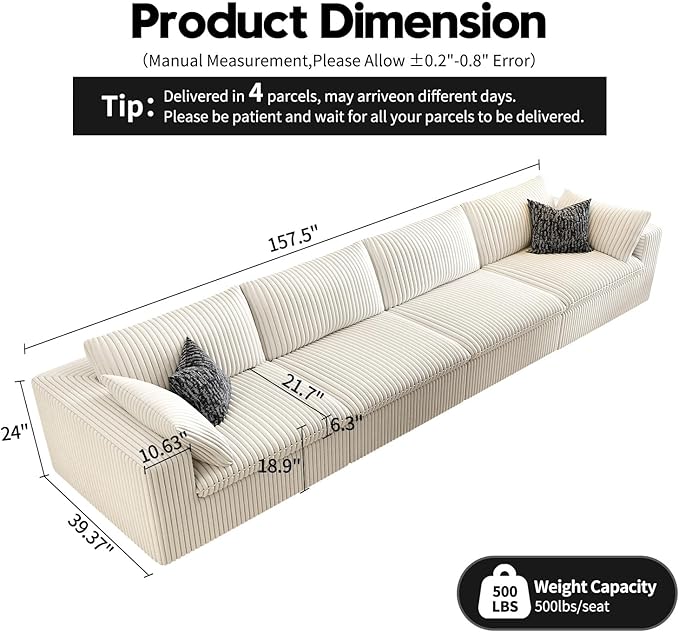 157.5" Cloud Couch Modular Sectional Sofa for Living Room,Modern Sofa with Deep Seat,4 Seater Boneless Couch,Comfy Upholstered Corduroy Couches for Apartment, Studio, Office,Bedroom,White