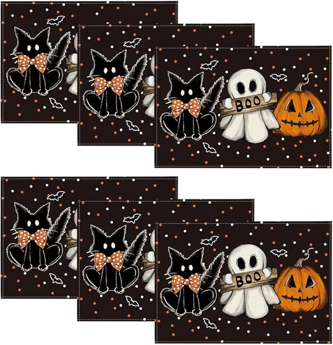Artoid Mode Polka Dot Ghost Pumpkin Cat Boo Halloween Placemats Set of 6, 12x18 Inch Seasonal Fall Table Mats for Party Kitchen Dining Decoration