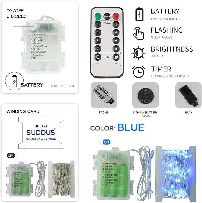 suddus Blue LED Christmas Lights Outdoor,200led 66ft Battery Operated Fairy Lights Indoor, Twinkle Lights for Bedroom, Halloween, Backyard, Tree, Dorm, Patio, Tapestry, Garden, Party