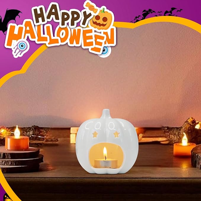 Ceramic White Pumpkin Candle Holder, Halloween Decor Candlestick Holder with Star Hole for Halloween Party, On a Desk at Work, Home Decoration, Daughter Girlfriend Mother Gift