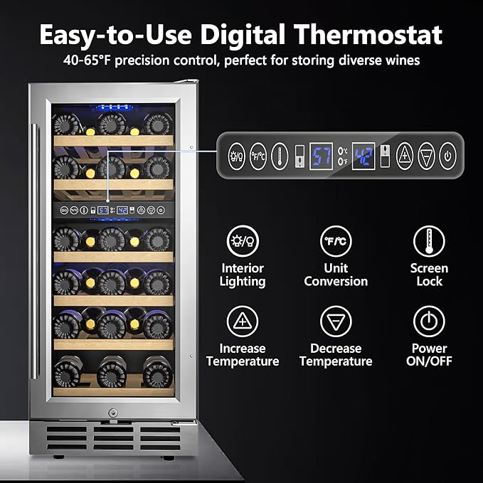 15 Inch Dual Zone Wine Refrigerator, 29 Bottle Under Counter Wine Fridge, Wine Refrigerator for Built-In or Freestanding, Wine Cooler with Removable Shelves, Double-Layer Glass Door, for Home