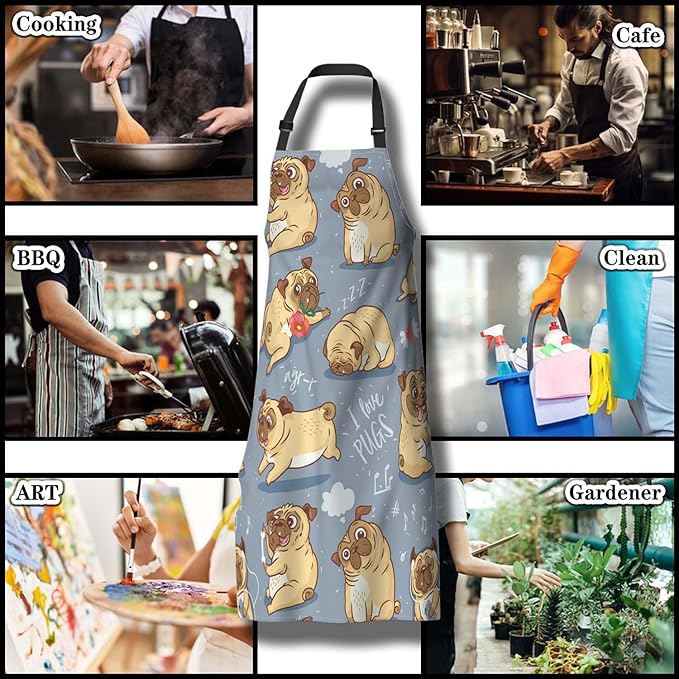 Paint Apron for Men Pug Puppies Dog Cartoon Bull Terrier Funny Aprons for Women for Kitchen Cooking Restaurant BBQ Painting Crafting Gardening 27” (W) x 31” (H), Waterproof Aprons