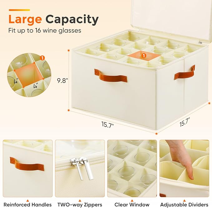 Wine Glass Storage Box with Dividers, 2 Pack Glassware Storage Containers, Stemware Storage Cases Holds 32 Wine Glasses, Stackable Crystal Storage Containers with Clear Cover for Moving,Beige