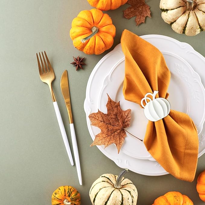 Halatool Set of 12 Thanksgiving Napkin Rings- Fall Harvest Pumpkin Napkin Holder, Alloy Dinner Tables Napkin Ring Decoration for Thanksgiving Weddings Holidays Gathering Party (White)