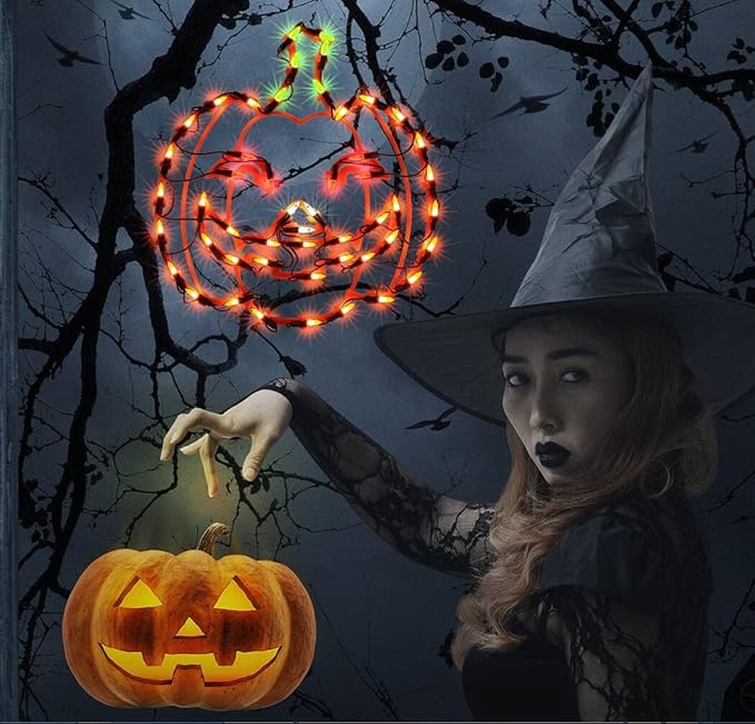 13.3" Lighted Jack-O-Lantern Halloween Window Silhouette Decoration,Halloween Lighted Window Decoration,Hanging Light Up Holiday Ornament( Pumpkin Light)
