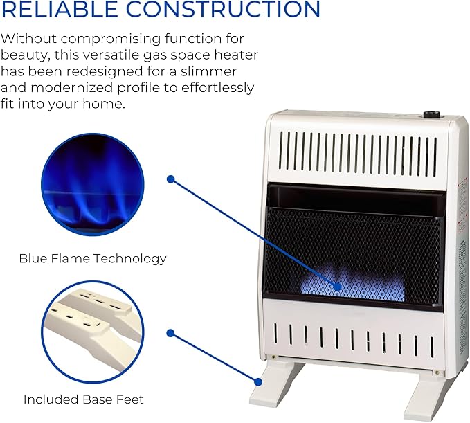 ProCom MN200TBA-B Ventless Natural Gas Blue Flame Space Heater with Thermostat Control for Home and Office Use, 20000 BTU, Heats Up to 950 Sq. Ft., Includes Wall Mount and Base Feet, White
