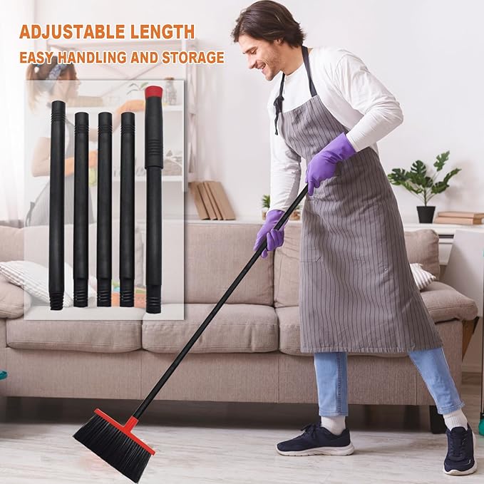 Small Broom Stiff Bristles Brush with Long Handle Indoor or Outdoor Compact Broom for Sweeping Patio Garage Garden,Deck,Concrete Floor,Bathroom (Red)