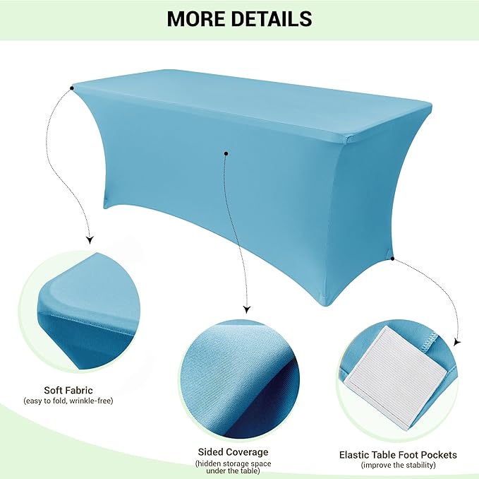 Obstal 6ft Stretch Spandex Table Cover for Standard Folding Tables - Universal Rectangular Fitted Tablecloth Protector for Wedding, Banquet and Party, 72L x 30W x 30H Inches, Light Blue, 2pc