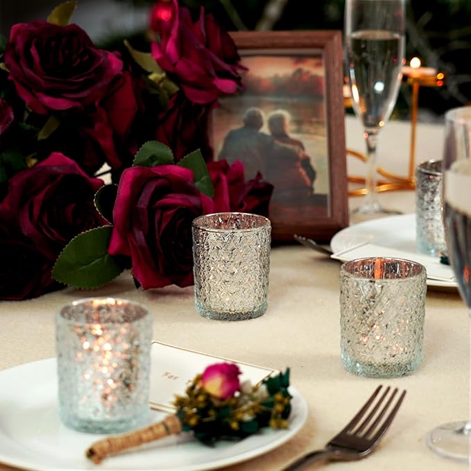 Homemory 24 Pack Silver Glass Votive Candle Holders, Tealight Candle Holder, Vintage Candle Holders Bulk for Table Centerpieces, Christmas, Baby Showers, Birthday, Wedding, Party