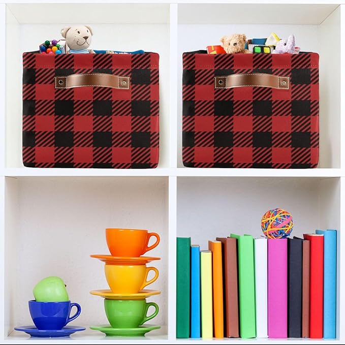 Red and Black Buffalo Plaid Storage Basket Cube Storage Bins Organizer Bag Collapsible Closet Shelf Baskets with handle for Baby Cloth Pet Toy Book 14.2×10.2×8.3 IN