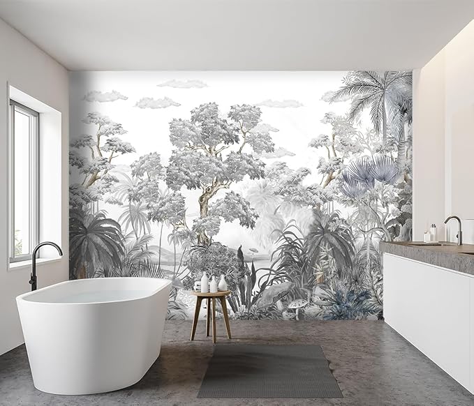 '-Tropical Rainforest Botanical Grey Jungle Forest Fabric Wallpaper Living Room Palm Leaf Plant Bedroom Bathroom Large Wall Mural- 183"x120"( not Peel and Stick)