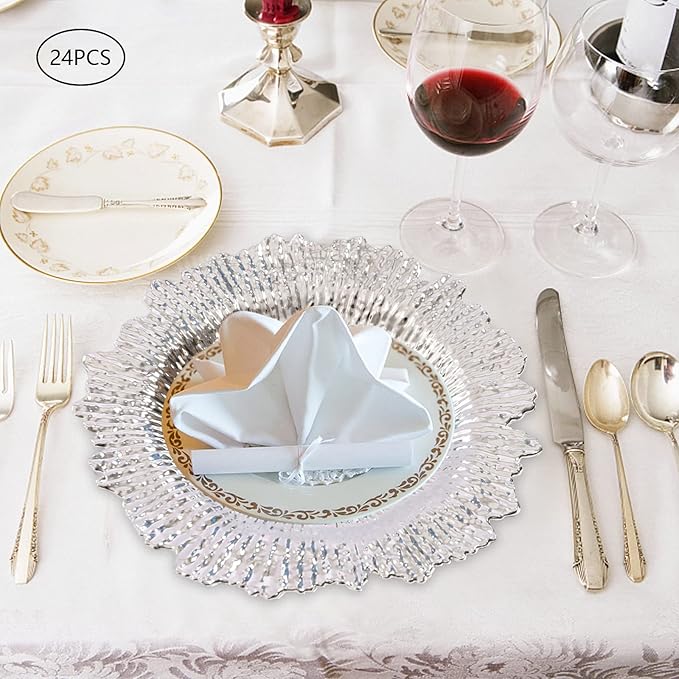 Antique Charger Plates Set 13'' Round Embossed Dinner Plate Chargers Plastic Elegant Floral Plates for Dinner Wedding Party Event Table Kitchen Decoration 100PCS (Silver 24Pcs)