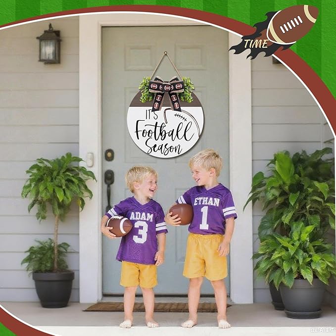 Hello Fall Football Sign for Front Door Thanksgiving Wooden Hanging Sign Fall Welcome Wreaths with Bow Turkey Farmhouse Wall Decoration for Home Autumn Harvest Front Porch Decor(Season)