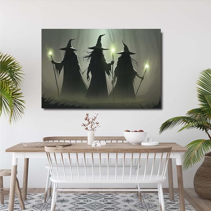 Vintage 3 witches canvas wall decor melancholy dark Halloween poster wall decor holding a staff print Gothic horror Halloween painting print for living room bedroom24x36in Wood Framed
