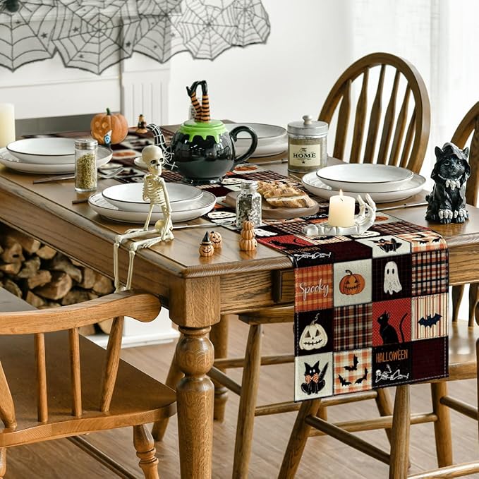 Artoid Mode Black Cat Bat Pumpkin Spooky 210 GSM Halloween Table Runner, Ghost Kitchen Dining Table Decoration for Home Party Decor 13x72 Inch