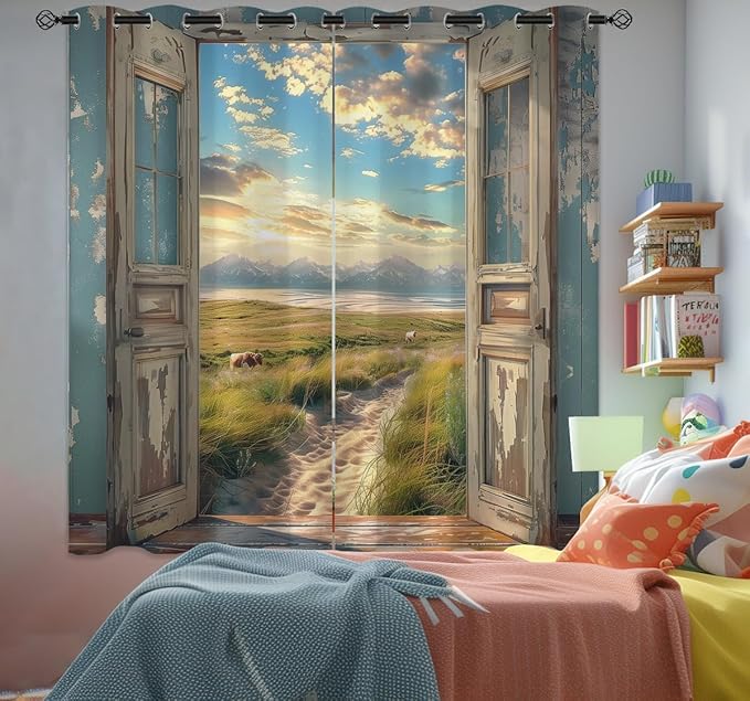 Landscape Blackout Curtains for Girls Boys Home Decor, Cow Sunset Grassland Mountain Natural Scenery Grommet Thermal Insulated Drapes Darkening Window Curtain for Bedroom Living Room, 72 x 63 Inch