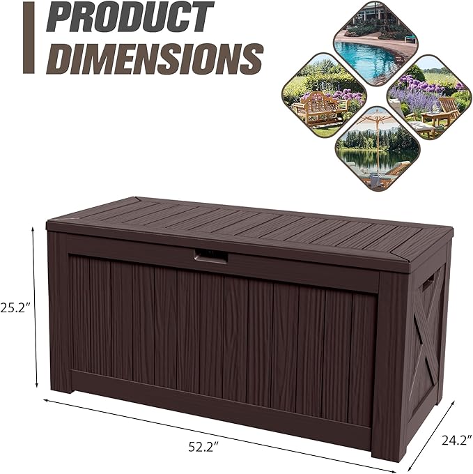 JUMMICO 120 Gallon Resin Deck Box, Large Outdoor Storage Box Waterproof & Lockable for Garden, Patio, Pools (Deep Brown)