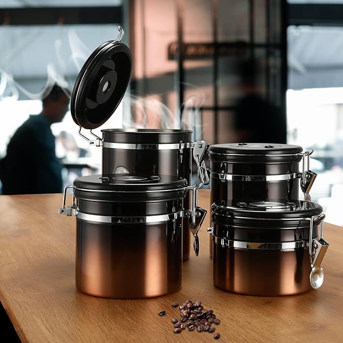 malmo Coffee Canister, Airtight Coffee Container with Date Tracker Lid, Stainless Steel Canister for Kitchen Food Storage (Black-Copper, 12oz)
