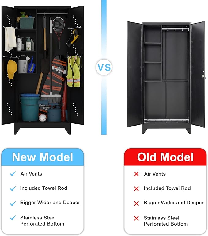 Metal Storage Cabinet with Lock Door, 75" Tall Garage Storage Cabinet with Hanging Rod, Broom Closet Bathroom Storage Cabinet, Cleaning Tool Cabinet