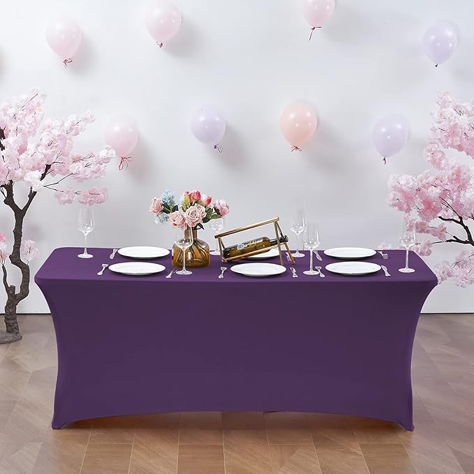 CWK 6FT Waterproof Stretch Spandex Table Cover for Rectangular Tables - Elastic Fitted Tablecloth for Folding Tables,Wrinkle Resistant Table Cloth for Parties, Weddings, Banquets & Events (Dark Puple)