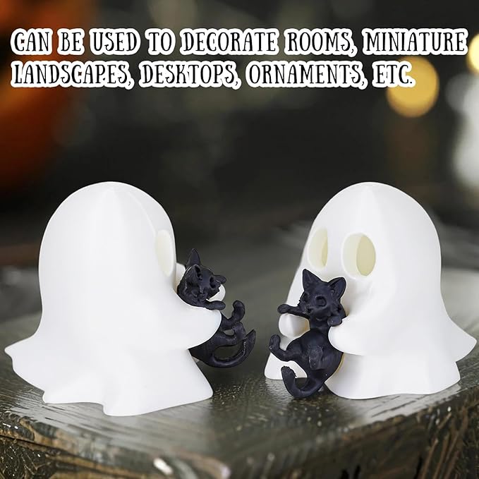 1 Pcs Halloween Ghost Figurine Cute Desktop Ornament Cute Cartoon Little Ghost Hugging Kitten Designs Resin Spooky Halloween Statue for Home Offince Art Display Decor Suppies
