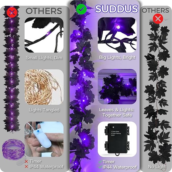 suddus 20 LED Halloween String Lights Battery Operated with Black Maple Leaves 6.5 ft Halloween Garland Decor for Yard, Porch, Table, Wall, Party, Indoor and Outdoor Decorations