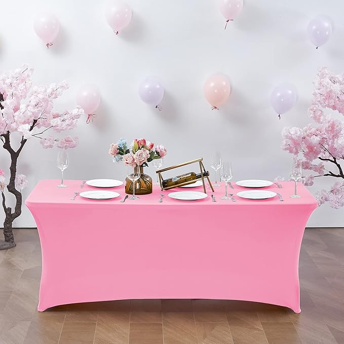 CWK 8FT Waterproof Stretch Spandex Table Cover for Rectangular Tables - Elastic Fitted Tablecloth for Folding Tables,Wrinkle Resistant Table Cloth for Parties, Weddings, Banquets & Events (Pink)