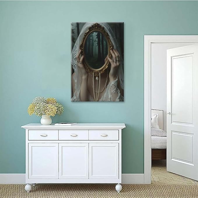 Mirror face covering dark art poster print melancholy gothic painting vintage feminine print victorian style decoration antique art8x12in Wood Framed
